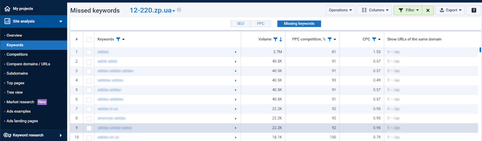 Missed keywords report from our Website Analysis